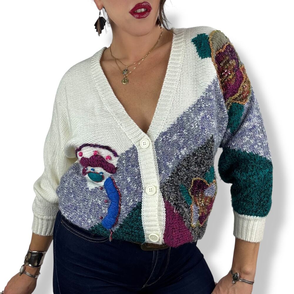 80's JACLYN SMITH funk knit cardigan sweater with metallic thread and beads - Picture 5 of 17